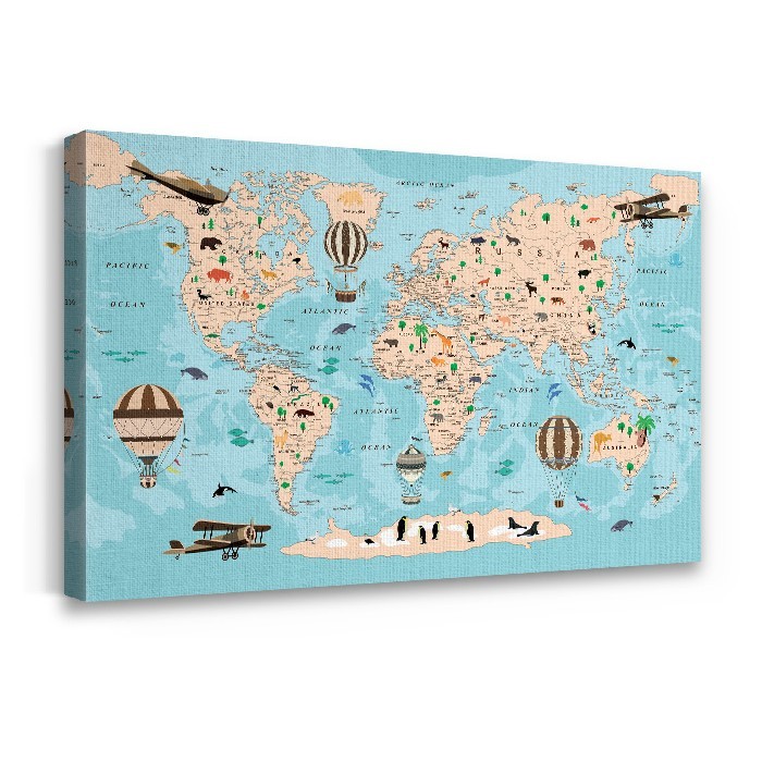 Χαριτωμένος παγκόσμιος χάρτης σε Πίνακα σε καμβά με τελάρο