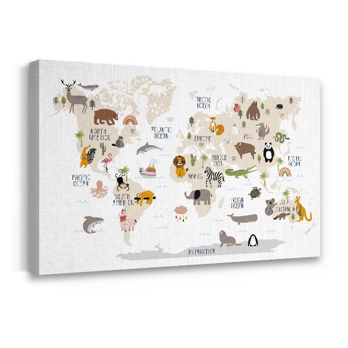 Χάρτης με ζωάκια σε Πίνακα σε καμβά με τελάρο
