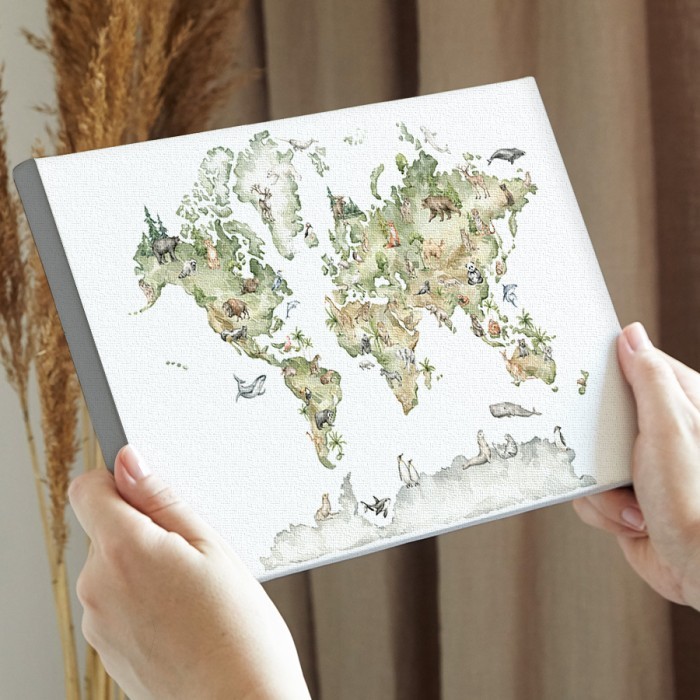 Πράσινος χάρτης με ζώα σε Πίνακα σε καμβά για την διακόσμηση τοίχου