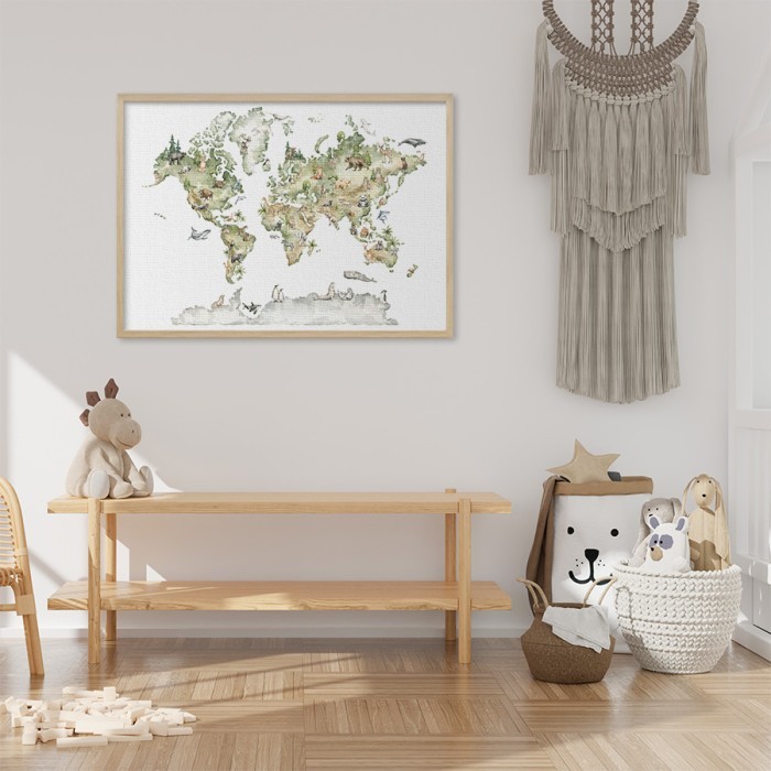 Πράσινος χάρτης με ζώα σε Πίνακα σε καμβά με κορνίζα 
