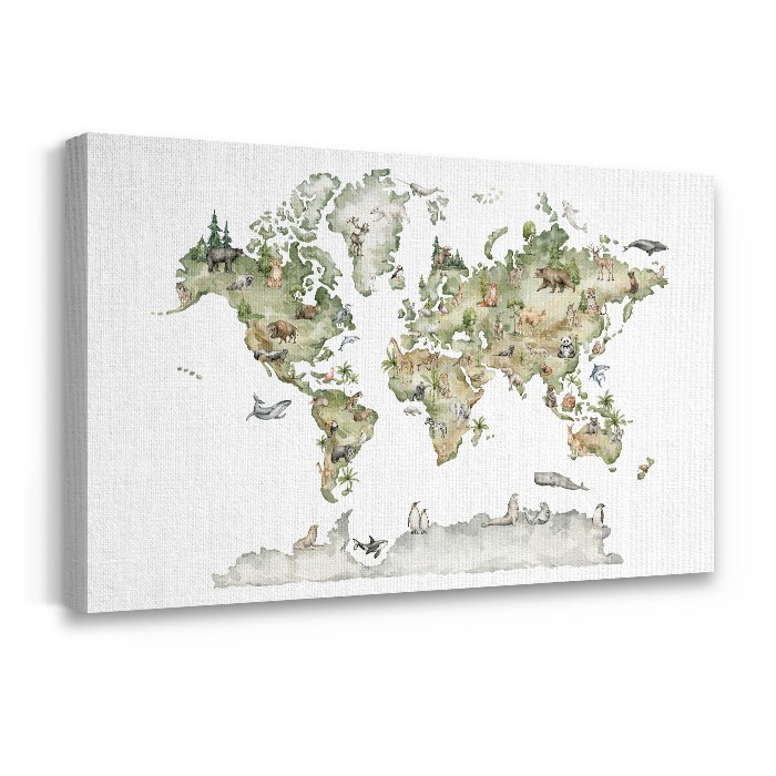 Πράσινος χάρτης με ζώα  σε Πίνακα σε καμβά με τελάρο