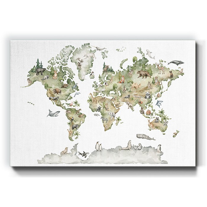 Πράσινος χάρτης με ζώα σε Πίνακα σε καμβά 