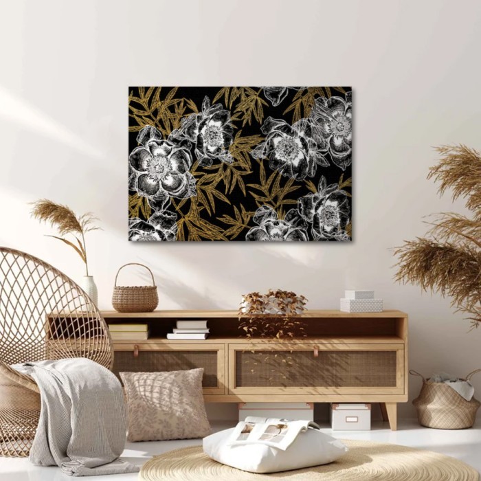 Πίνακας σε καμβά για το δωμάτιο – Line Gold and White Flowers