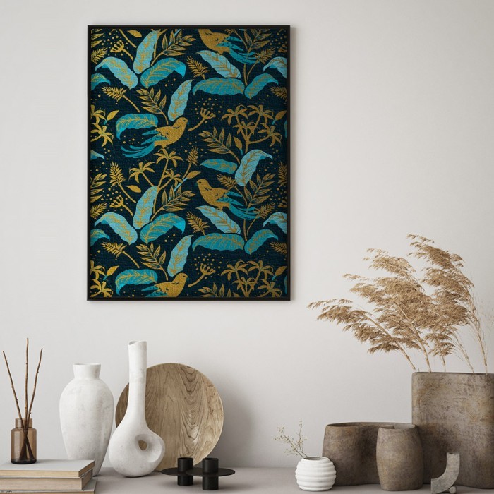 Πίνακας σε καμβά με κορνίζα – Blue Golden Tropical Parrots