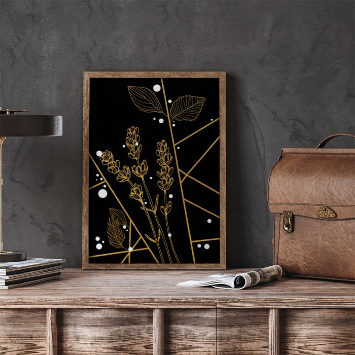 Πίνακας σε καμβά με κορνίζα – Modern Black and Gold Flowers