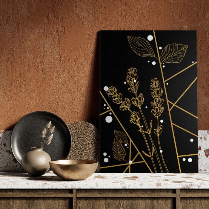 Πίνακας σε καμβά για το δωμάτιο – Modern Black and Gold Flowers