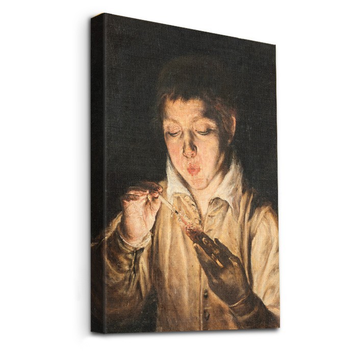 Πίνακας σε καμβά με τελάρο – A Boy Blowing on an Ember to Light a Candle