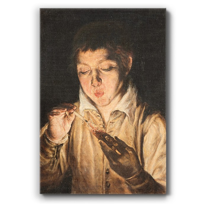 Πίνακας σε καμβά – A Boy Blowing on an Ember to Light a Candle