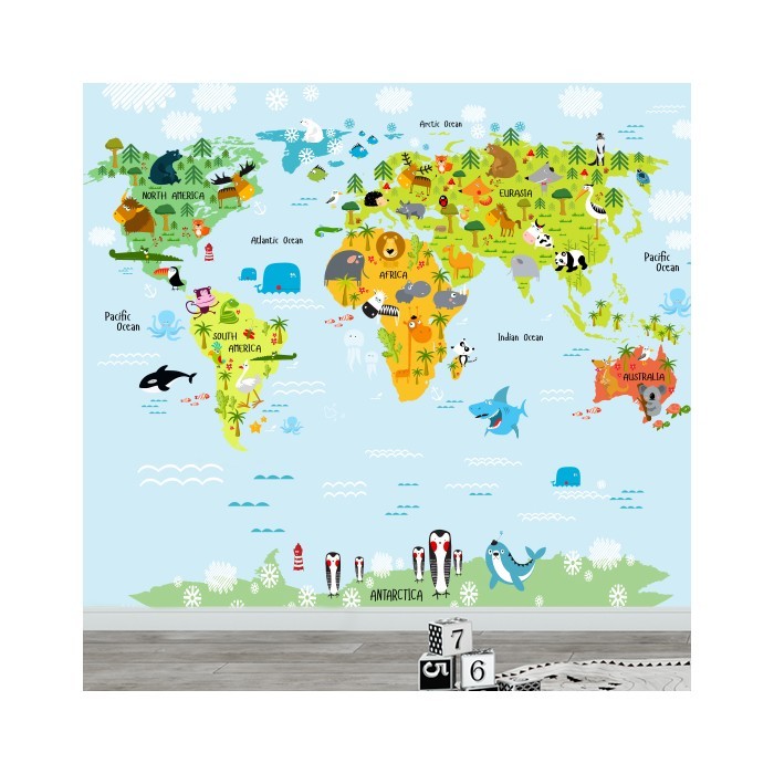 Ταπετσαρία τοίχου παιδική Παγκόσμιος Χάρτης Με Ζώα Έγχρωμος