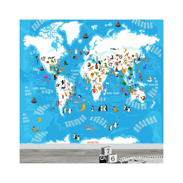 Ταπετσαρία τοίχου παιδική Παγκόσμιος χάρτης με ζώα 
