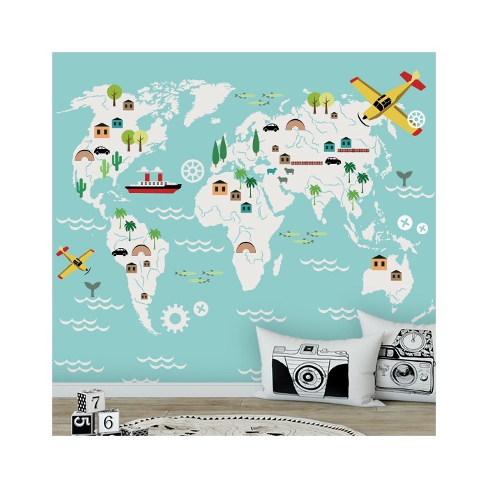 Ταπετσαρία τοίχου παιδική Παγκόσμιος Χάρτης Με Αεροπλάνα