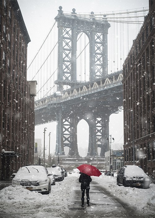 Αφίσα Poster Χιονισμένος δρόμος κάτω από την γέφυρα