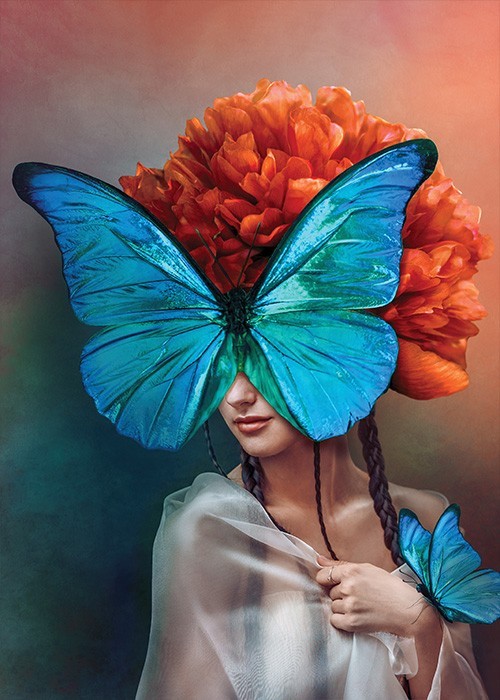 Αφίσα Poster Κορίτσι με μια μπλε πεταλούδα στο πρόσωπό της
