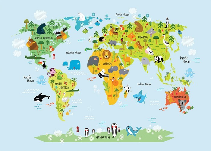 Αφίσα Poster Παγκόσμιος χάρτης με ζωάκια