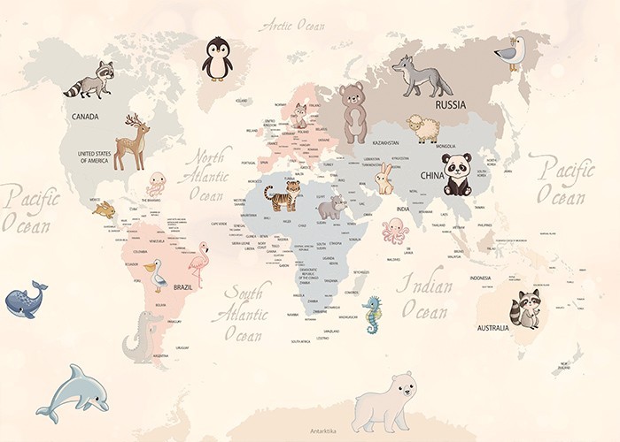 Αφίσα Poster Πολύχρωμος χάρτης με ζωάκια