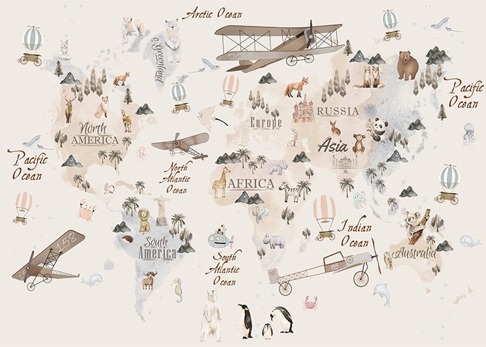 Αφίσα Poster Χάρτης με ζωάκια και αεροπλάνα