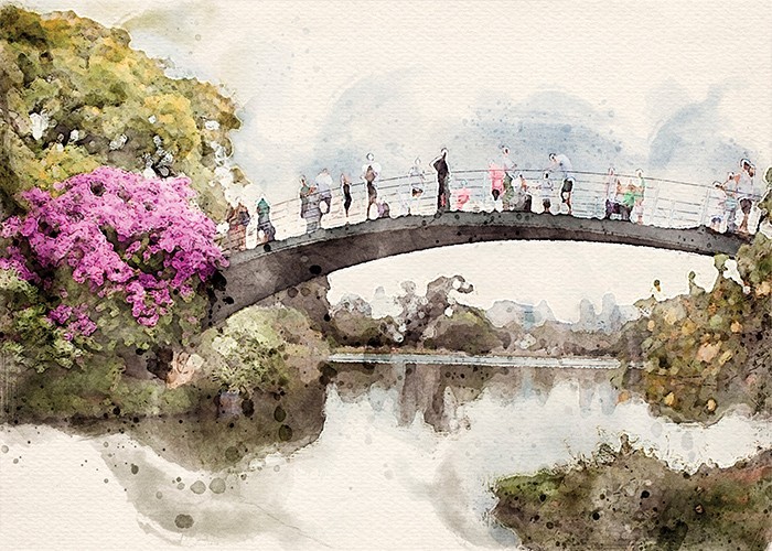 Αφίσα Poster Ζωγραφισμένο τοπίο με ένα γεφυράκι πάνω από το ποτάμι