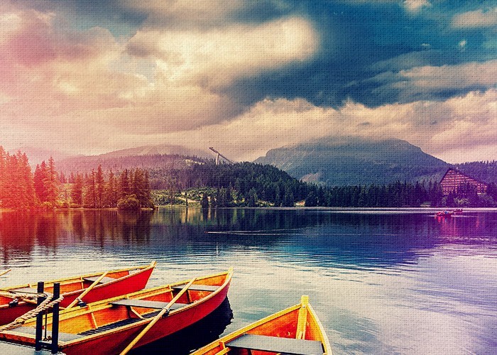 Τοπίο με Λίμνη με βάρκες σε μοντέρνο πίνακα 