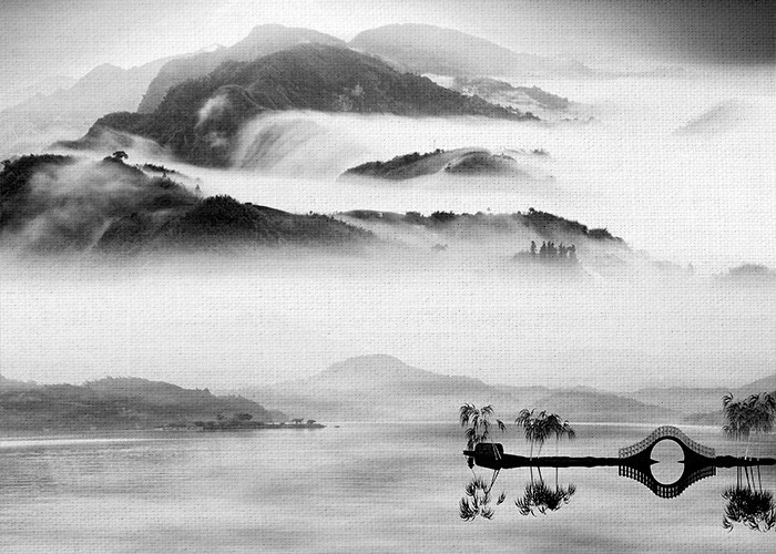 Ασπρόμαυρο Τοπίο με Καταρράκτες και λίμνη σε Πίνακα