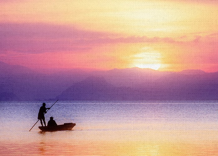 Τοπίο με Ψαράδες στο ηλιοβασίλεμα σε Πίνακα
