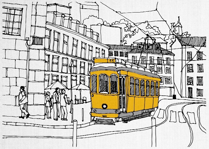 Vintage Πίνακες -- Κίτρινο τράμ στην πόλη