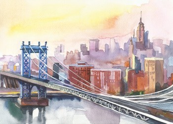 Ζωγραφιά με μια γέφυρα και φόντο την πόλη