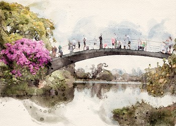 Ζωγραφισμένο τοπίο με ένα γεφυράκι πάνω από το ποτάμι