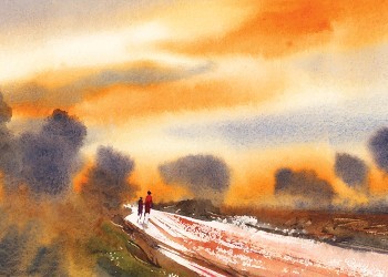 Mom And Son Walk In Sunset