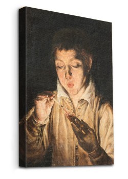 A Boy Blowing on an Ember to Light a Candle