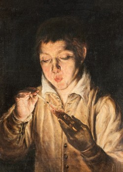 A Boy Blowing on an Ember to Light a Candle