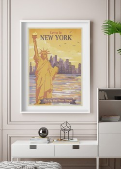 Come to New York & gold statue of liberty
