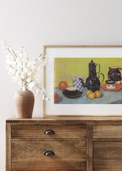 Still life with coffee pot, dishes and fruit